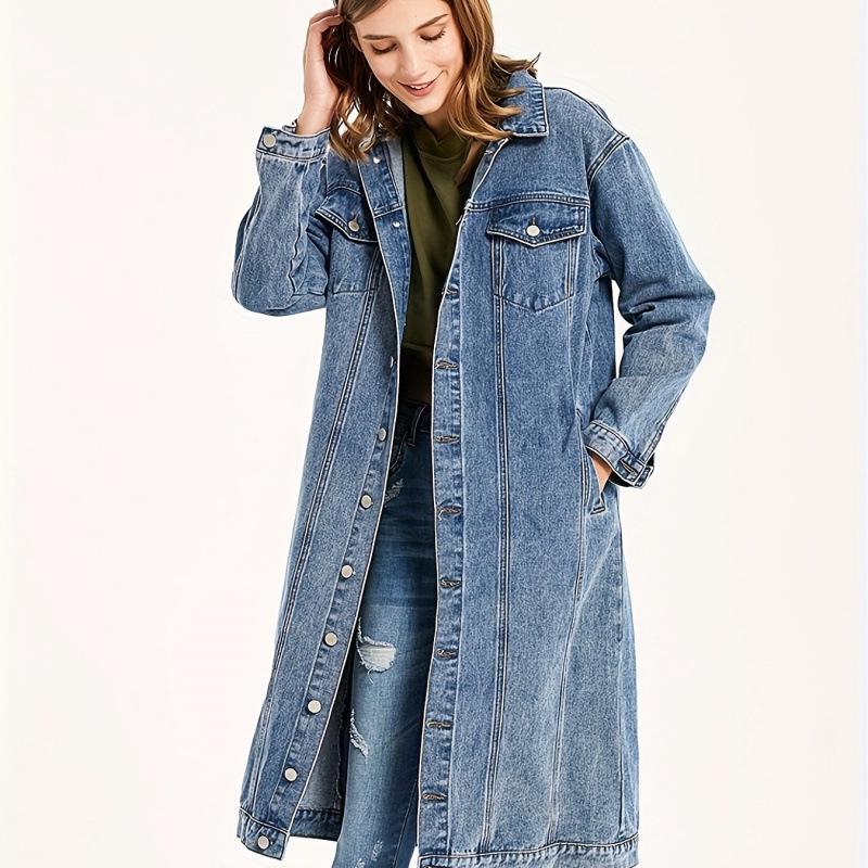 2025 Retro European & American Lightweight Women s Long Denim Jacket L средний синий