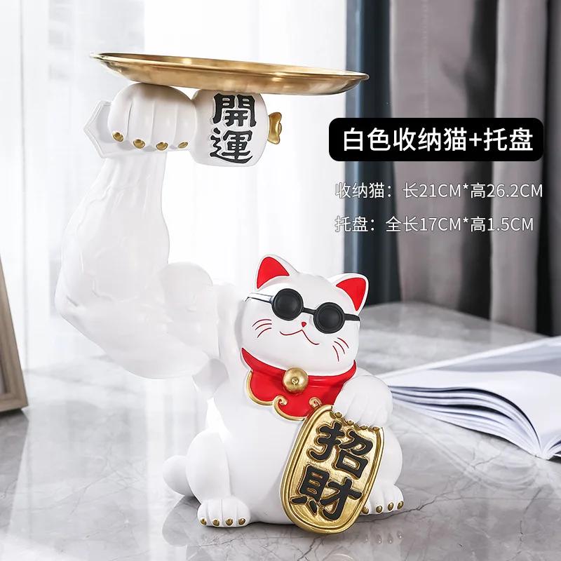 Golden Cat Figurines Muscle Arm Lucky Cat sculpture Ornaments Resin Storage Tray Storage cup holder key holder  Decoration