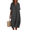 Women's V-Neck Casual Dresses Beach Holiday Color Vacation Leisure Dresses Loose Cotton Linen Shirt Dress