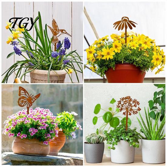 Metal Garden Stakes Rusty Silhouette Stake, Rustic Flower Pot Insert for Patio, Vintage Natural Atmosphere Decor Bird Bee Butterfly And Ladybug Design