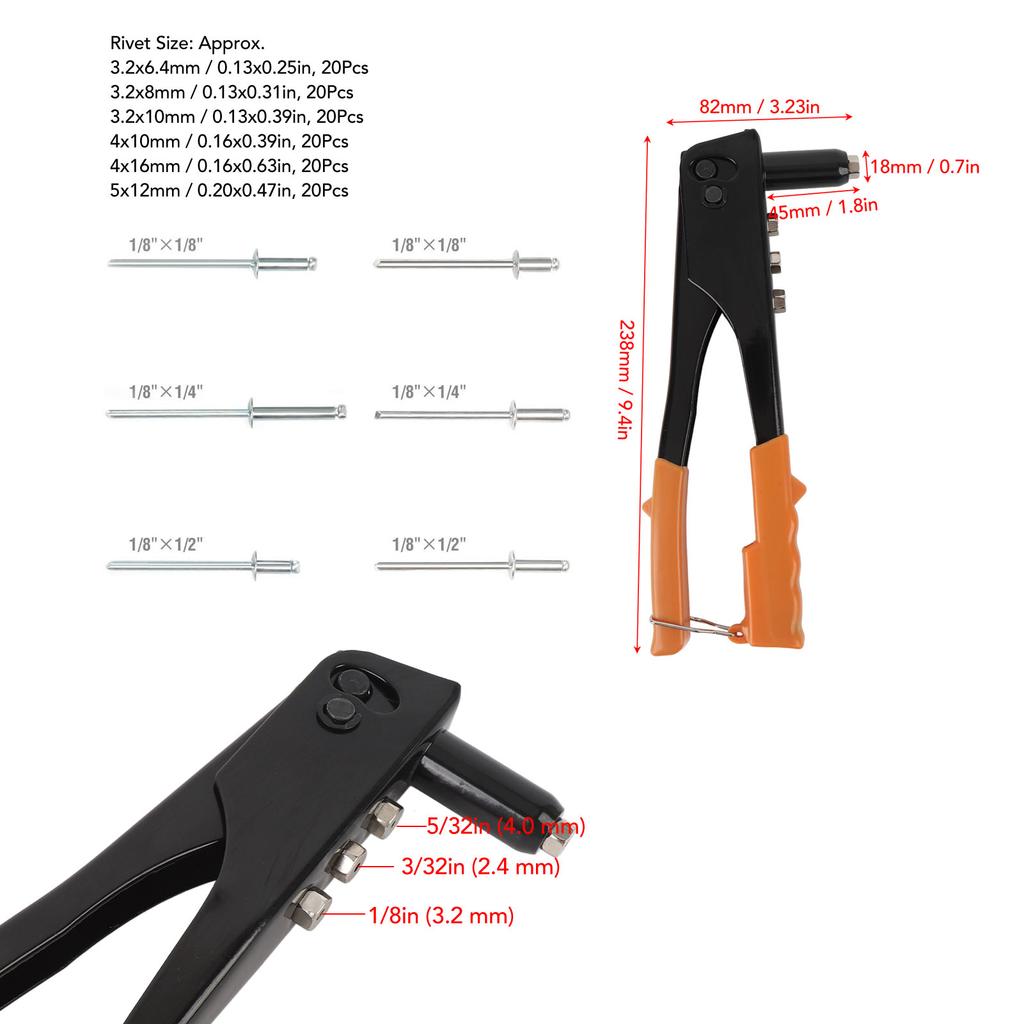 Heavy Duty Riveter Kit with 120 Rivets High Strength Wear Resistant Rivet Tool Kit for Metal Plastic