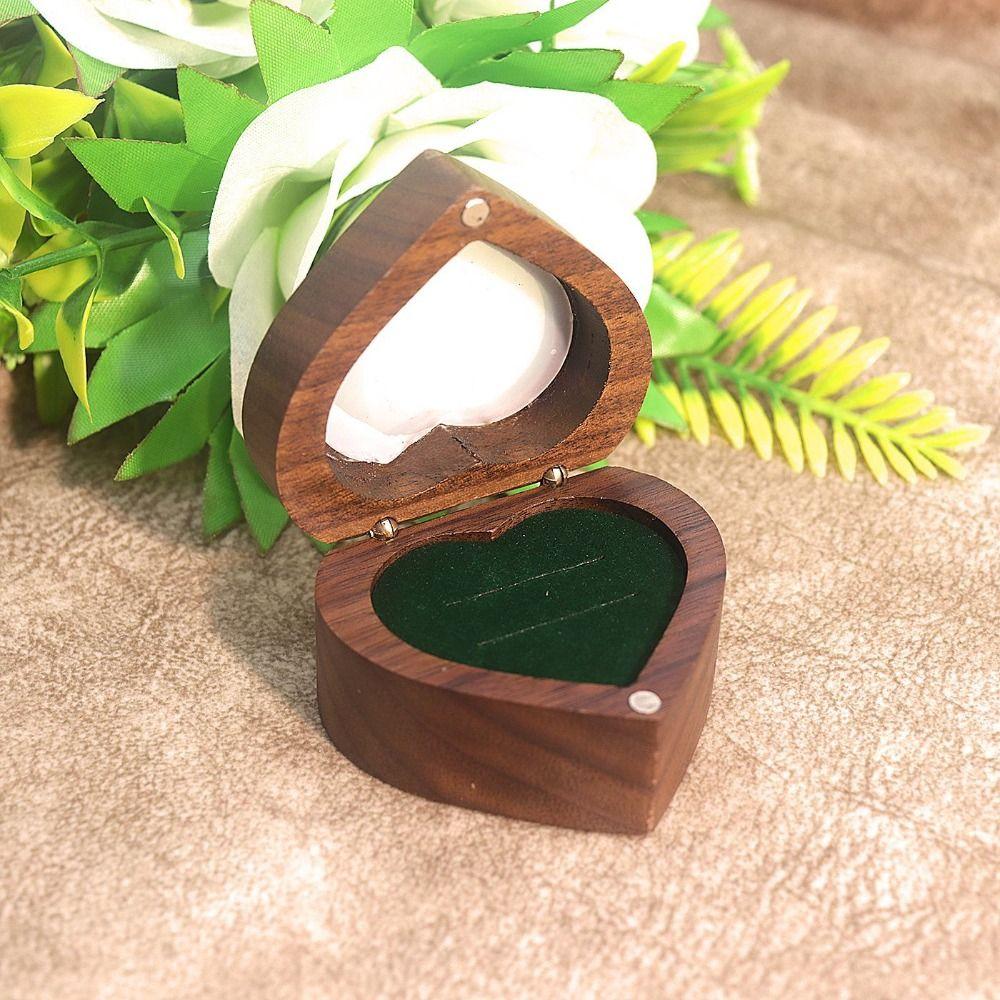 2 Slots Walnut Wood Rings Box Transparent Cover Rings Bearer Box Heart Rings Holder  Gifts