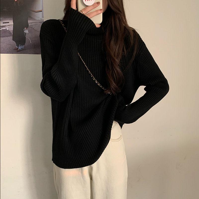 

Женский трикотажный свитер с высоким воротником и рельефной вязкой, мягкий восковой внутренний топ, осенне-зимний свободный ленивый базовый свитер L чёрный