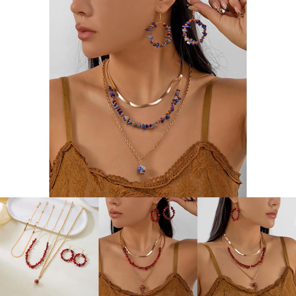 Unique Geometric Crushed Stone Collar Necklace And Drop Earrings Set For Women With Multilayer Style