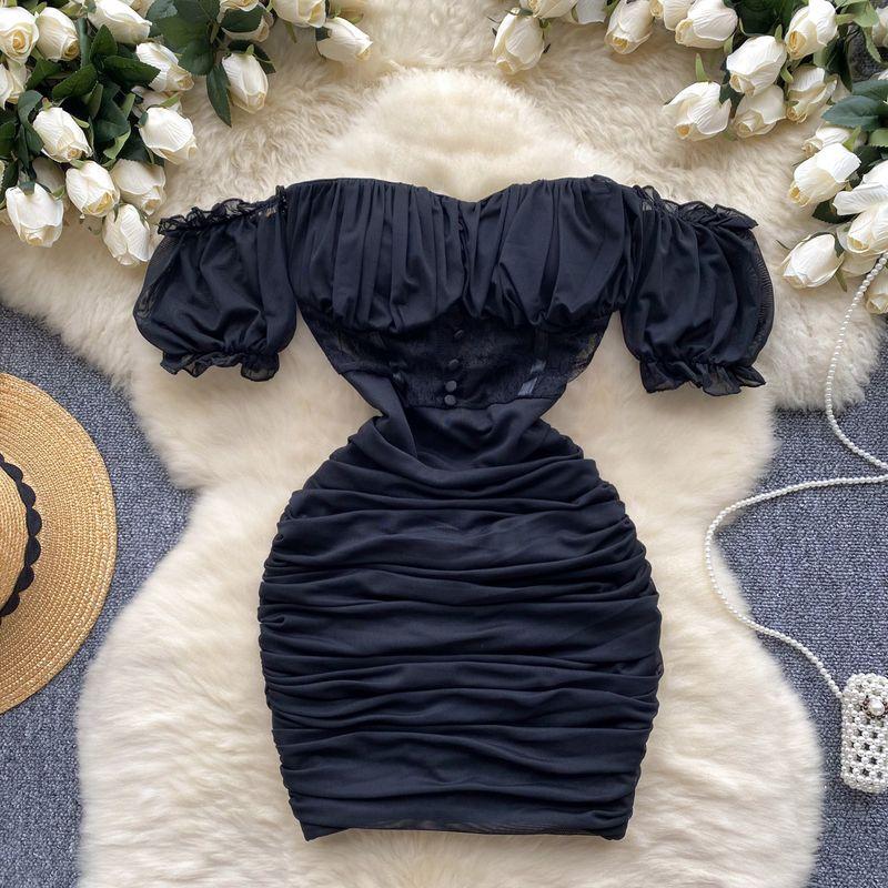

Pure Desire Sexy off-the-Shoulder Tube Top Dress Female Scheming off-Shoulder Ruched Lace Patchwork Waist-Slimming Black Sheath Skirt Black S