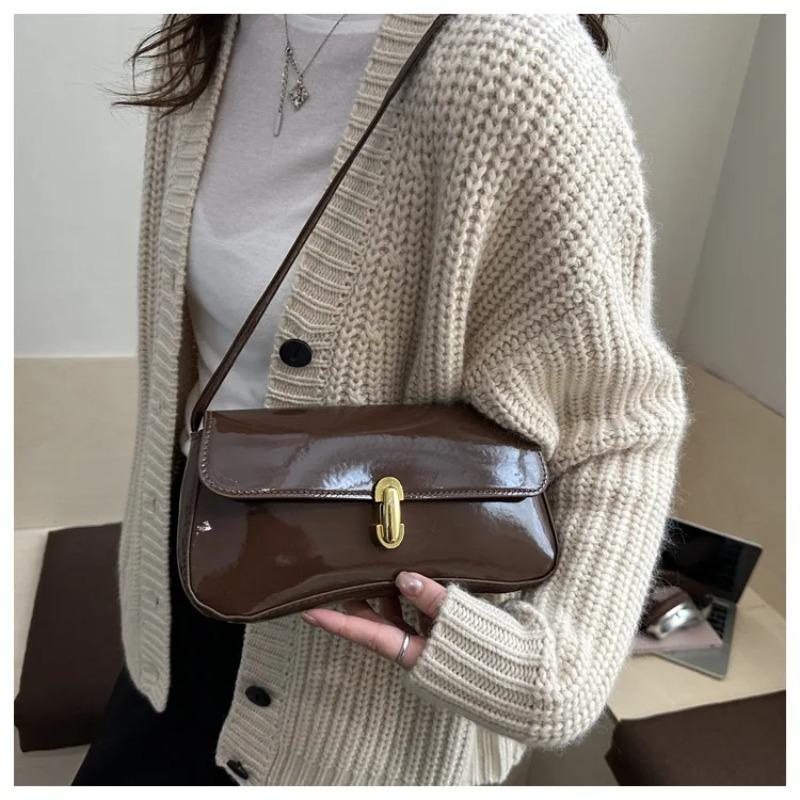 Vintage Glossy Solid Color PU Leather Women's Shoulder Bags Fashi Lock Ladies Underarm Bags Versatile Female Small Square Bag
