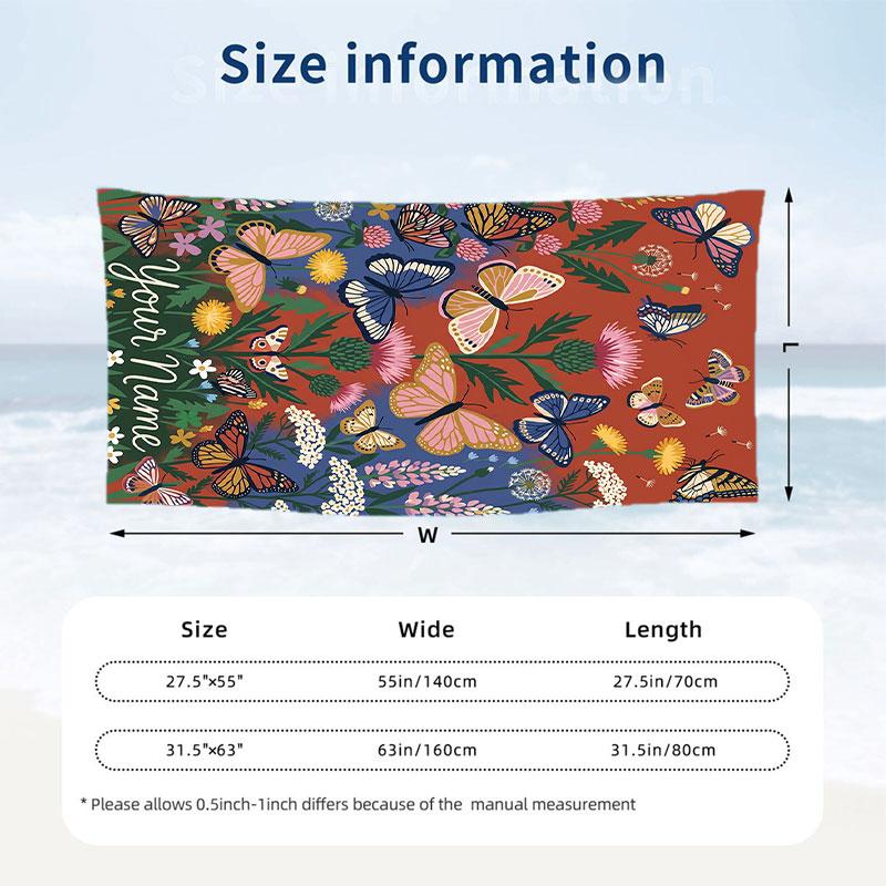 Butterflies Flowers Garden 14 Theme Quick Dry Beach Towel Custom Name Text Print Large Sand Resistant Towel Beach Vacation