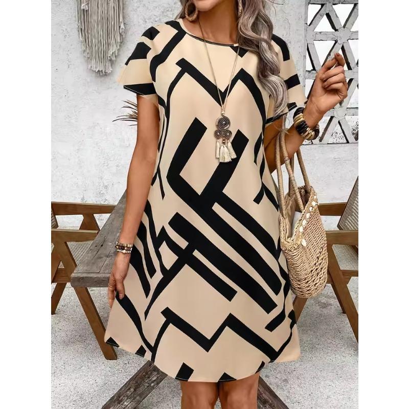 Geometric Design Pattern 3D Print Women's Dress Summer Fashionable High Quality Casual Short Sleeved O Neck Loose Dress