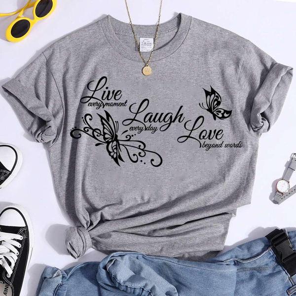 Butterfly Live Laugh Love Print Summer Casual T-shirts For Women Creative O Neck Short-sleeved T-shirts Fashion Ladies T-shirt