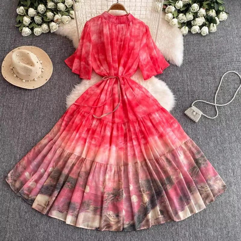 

Платье-стойка с короткими расклешенными рукавами и воротником-стойкой для женщин, 2024, новое женское платье с принтом чернил и шнуровкой One Size красный