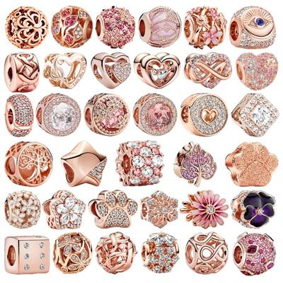 Rose Gold Family Tree Heart Pansy Charm Pink Daisy Clip Bead for Original Silver Bracelet Necklace DIY Jewelry Gift