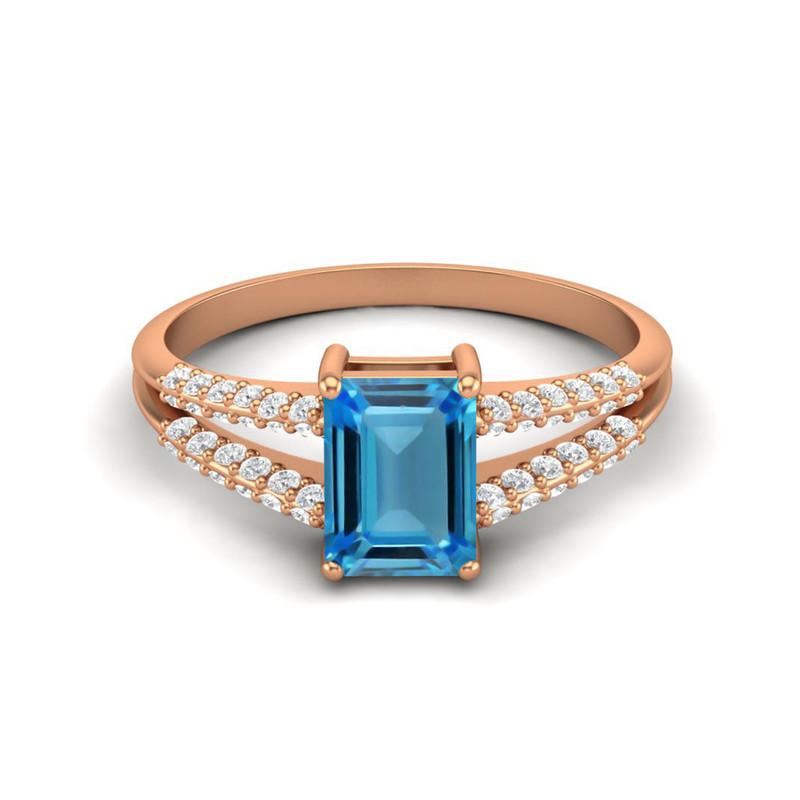 

7X5MM Octagon Swiss Blue Topaz Gemstone 925 Sterling Silver Rose Plated Solitaire Split Shank Women Wedding Ring 11.5 Яскраво-рожевий