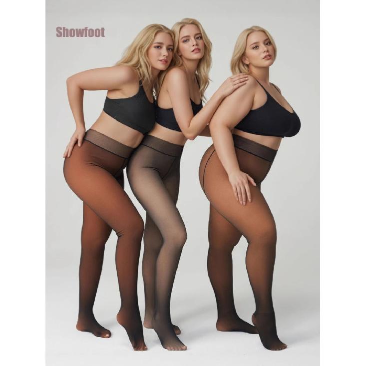 Plus Size Black Sheer Fleece Lined Tights Transparent Women's Semi-Transparent Warm Pantyhose Tights