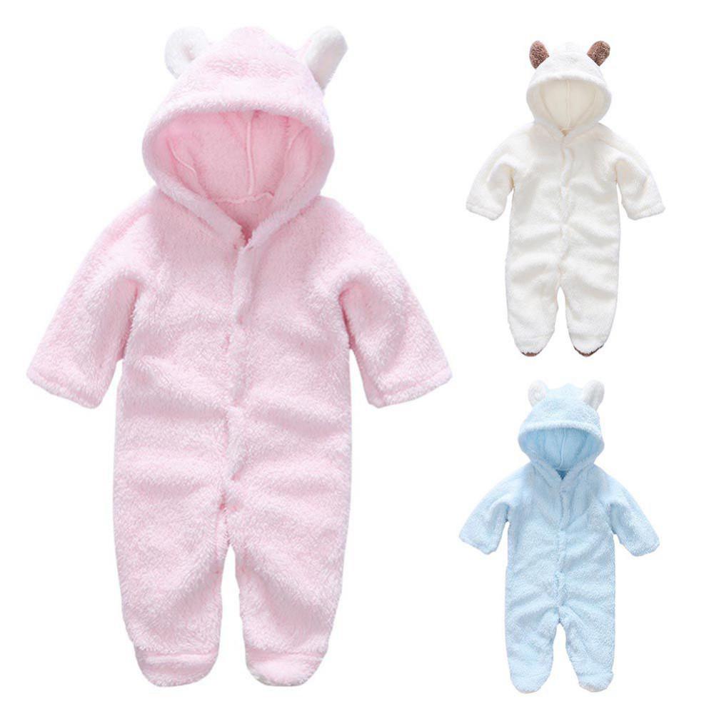 Adorable Hooded Coral Fleece Baby Romper - Long Sleeve, Warm Autumn/Winter One-Piece for Toddlers