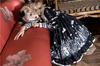 Gothic Lolita Long Sleeve Dress One Piece Skirt Knee Length Black Doll Castle Pattern [Lady Lazy] (L)
