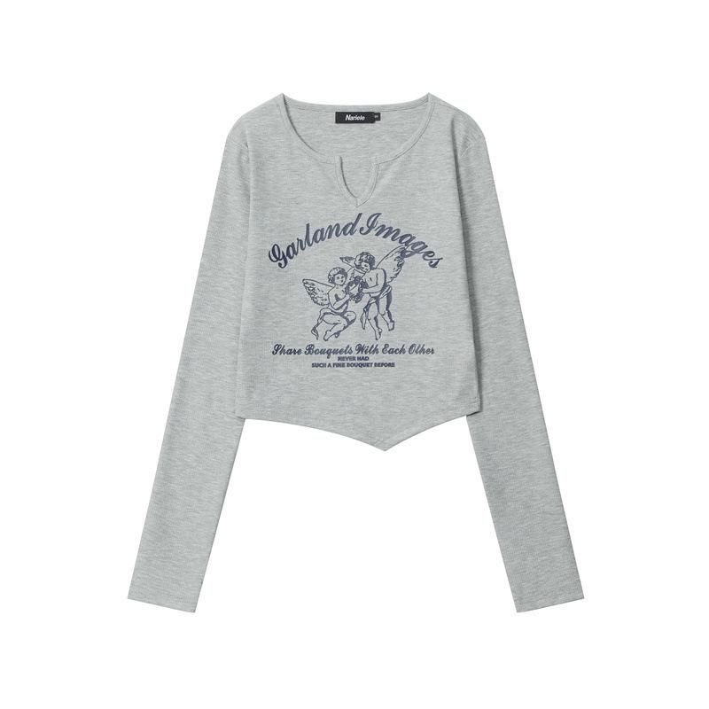 HeyHenry 2025 Autumn V-Neck Slim Fit Spicy Girl Long-Sleeve Printed Tee for Women Large серый