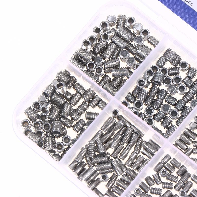 500pcs M2.5 M3 M4 DIN913 304 Stainless Steel Black Hex Hexagon Socket Allen Flat Point Grub Bolt Set Screw Kit Box
