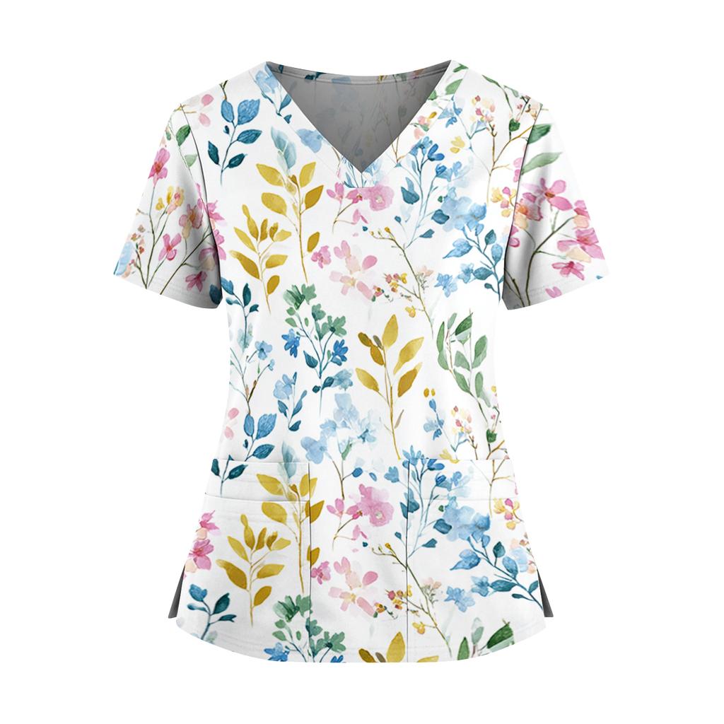 Women's floral print V-neck double pocket short-sleeved uniform/caregiver top with slits at the hem