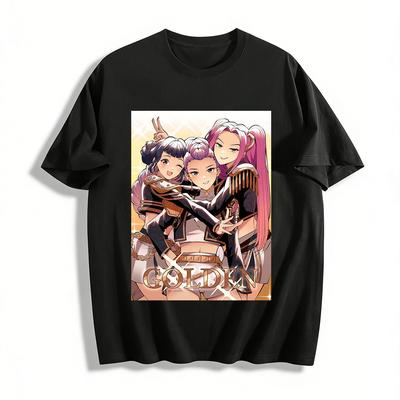 Goldener Anime-Mädchengruppen-Print T-Shirt Trendige Streetwear Lässiges Lockeres Oberteil Für Coole Mädchen Reines Baumwoll-T-Shirt