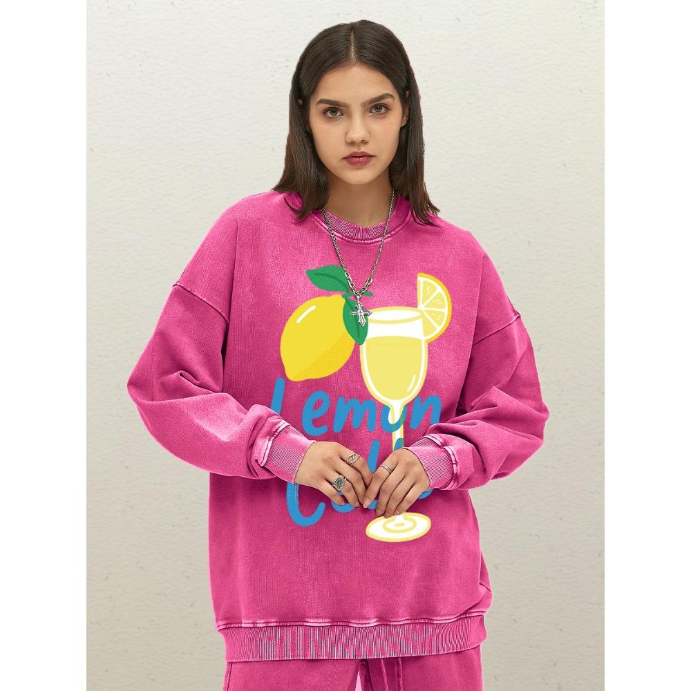 Lemon Cello Fruit Drinks Printed Women Washed Sweatshirt Loose Casual Pullover Cotton Hip Hop Clothes