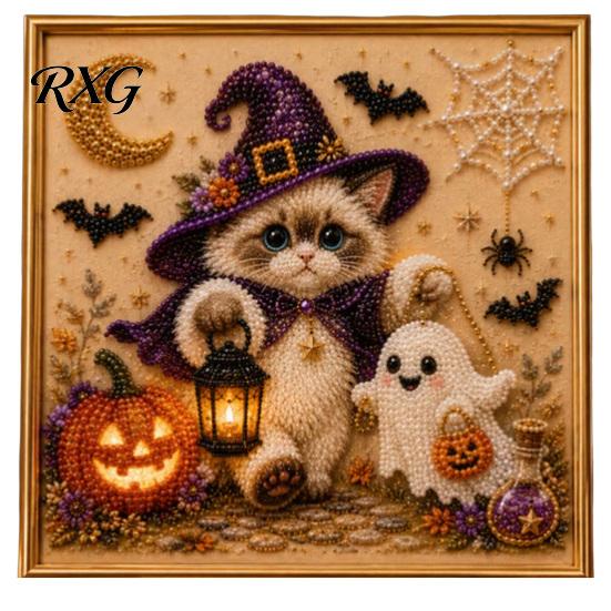 Cute Pet Themed Home Accents Halloween Witch Hat Cat DIY 3D Pearl Painting Kit with Frame, Hand-Pasted Art Craft for Adults, Relaxing Creative