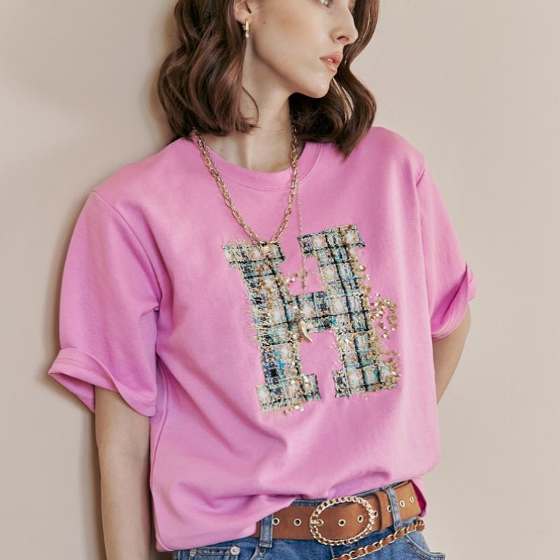 MAXZA Tweed Applique Embroidered Round Neck T shirT ze05qT600na