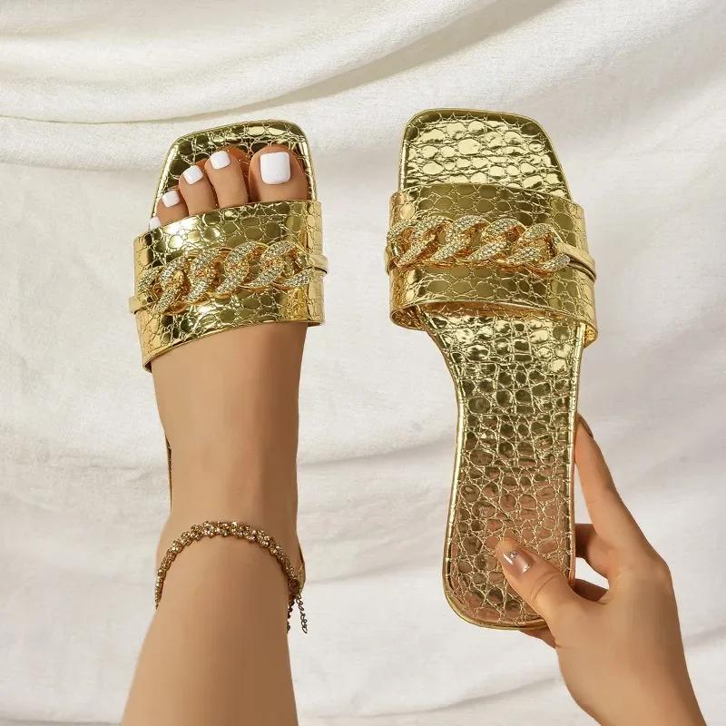 Fashion 2025Summer New Fashion Plus Size Flat Slippers Women's  Square Toe Rhinestone Metal Chain Soft Slip Non-slip Flip Flops