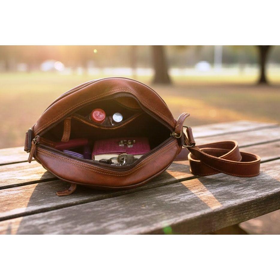 Dámska okrúhla taška cez rameno Pravá kožená crossbody kabelka Sling Hobo kabelka