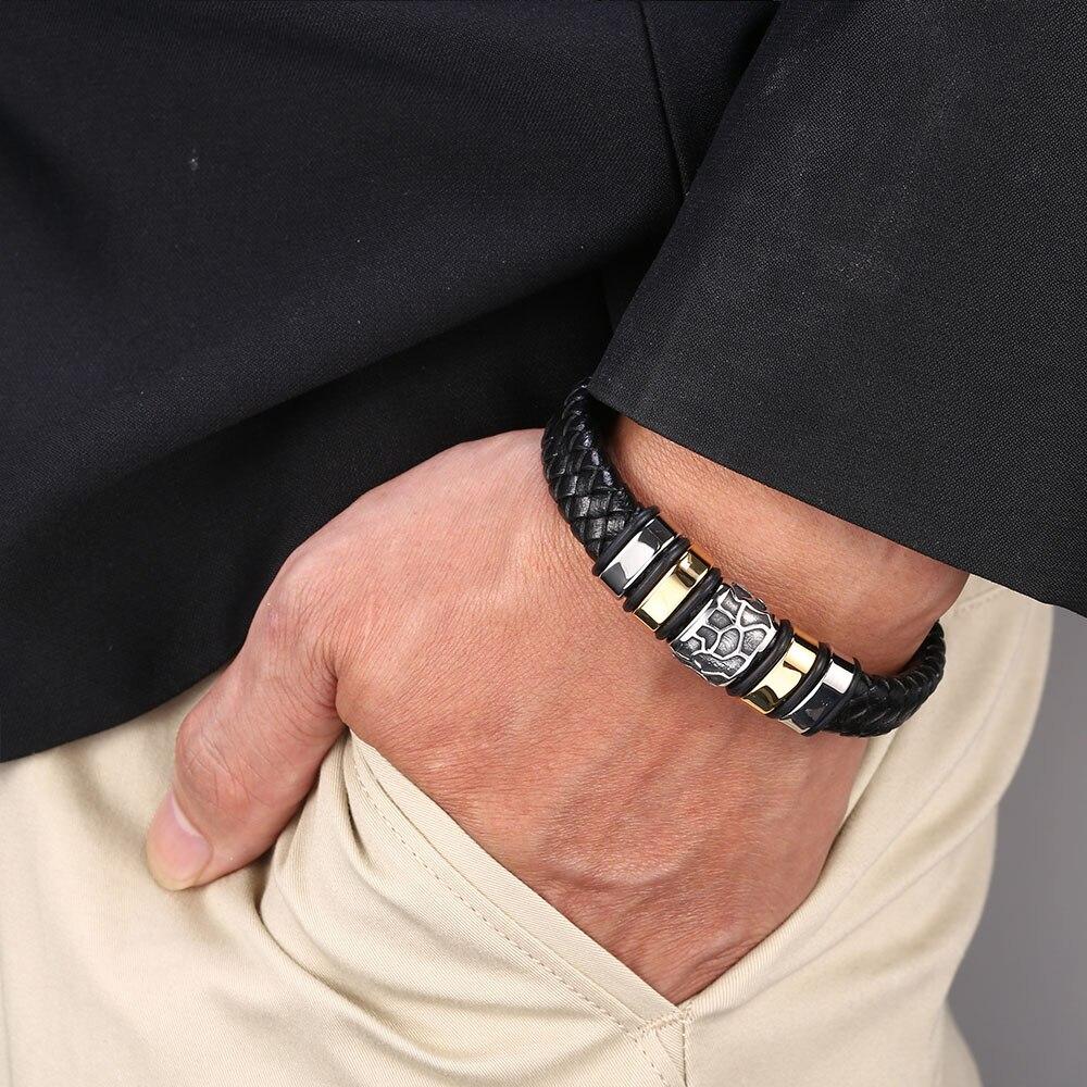 New Black Braid Leather Bracelets Mens Punk Boys Unique Zinc Alloy Metal Weave Knit Bracelet Gifts