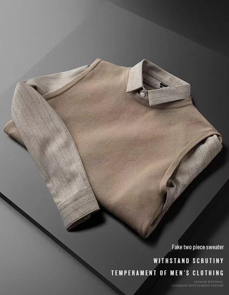 British Style Men's Knitwear: Casual Loose Patchwork Sweater with Shirt Collar, Autumn-Winter Bestseller