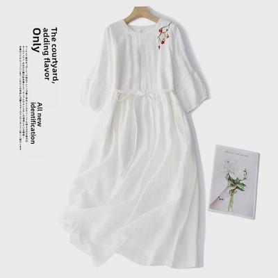 2023 Sommer Weißes besticktes langes Kleid - Eleganter Rundhalsausschnitt für Damen mit 3/4-Ärmeln