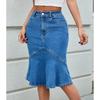Women High Waist Denim Skirts Knee Length Stretch Jeans Ruffles Skirt