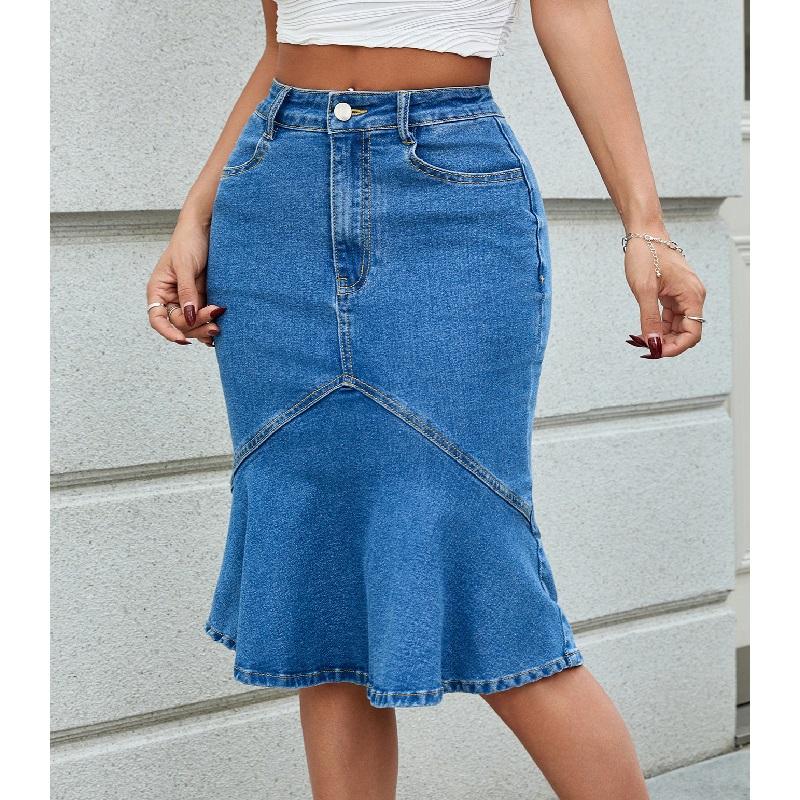 Women High Waist Denim Skirts Knee Length Stretch Jeans Ruffles Skirt