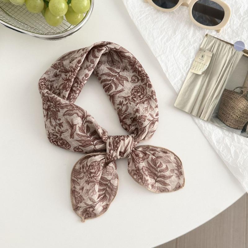 Silk scarf new fashion neck protection small shawl retro literary scarf double-sided floral headscarf headband cotton and linen square scarf