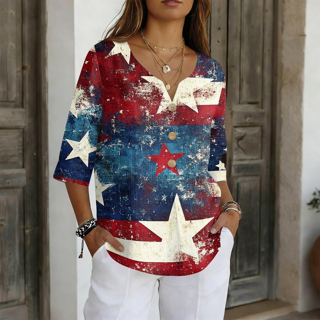 Women's V-Neck Button Three-Quarter Sleeve Casual Independence Day Print Pullover T-Shirt