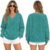 Women's Loose Fit V-Neck Raglan Sweatshirt with Leopard Print, Casual Pullover Top for Everyday Wear