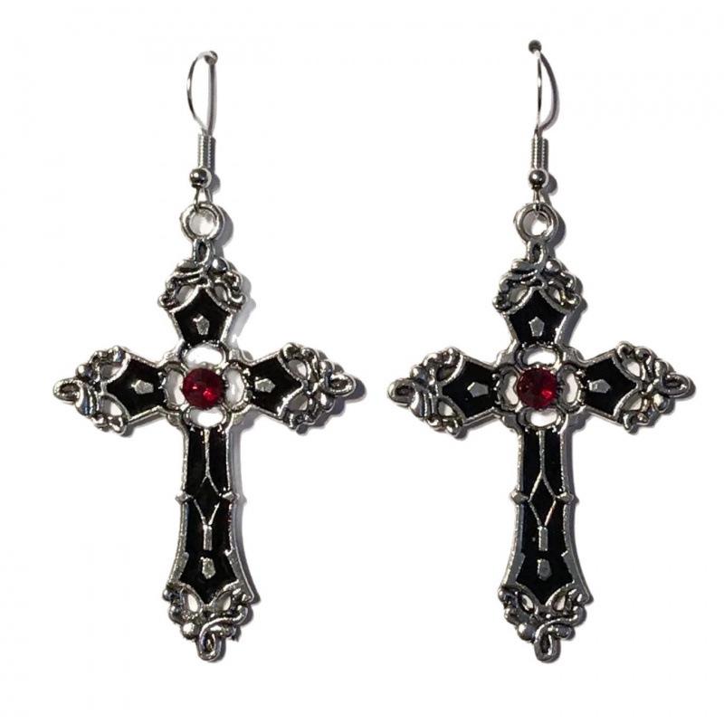 Sterling Silver Black Enamel Cross Earrings