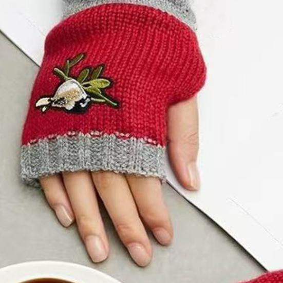 Embroidered Birds Fingerless Gloves Color-Block Knitted Warm Gloves Stretchy Mittens with Thumb