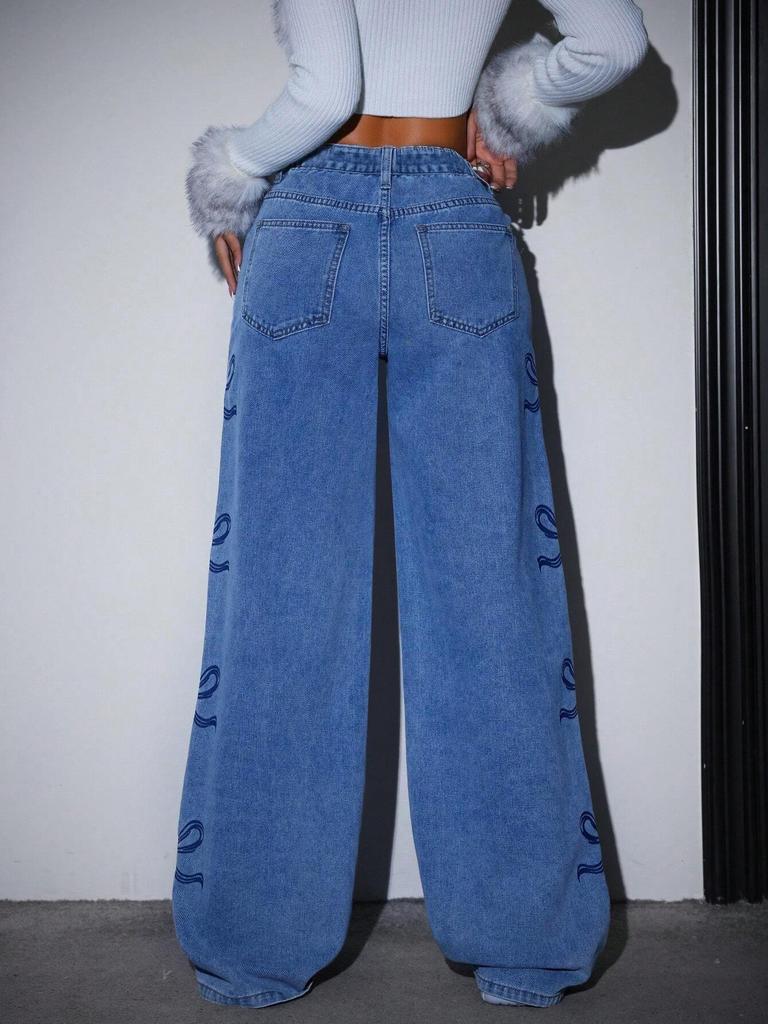 High-Waisted Butterfly Print Casual Jeans