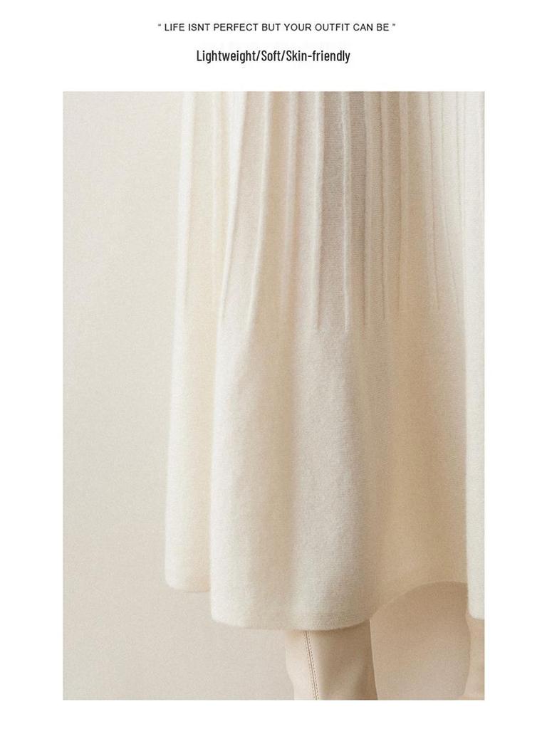 2025 Autumn/Winter Women's High-Waisted Knitted Cashmere A-Line Skirt with Slimming Flared Pleats