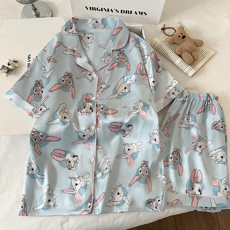 Мультяшный Милый Кролик Холодный Шелк Прохладный Летний Пижамный Костюм Женский Повседневный Стильный Ins Короткий Рукав 2XL