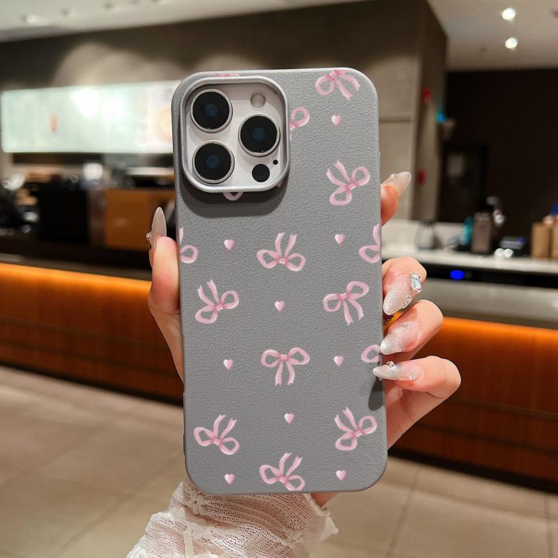 Cute Pink Bow Pattern Phone Case For iPhone 16 15 14 Pro Max 14 Plus 13 12 Pro 11 Shockproof Leather Texture TPU Silicone Cover