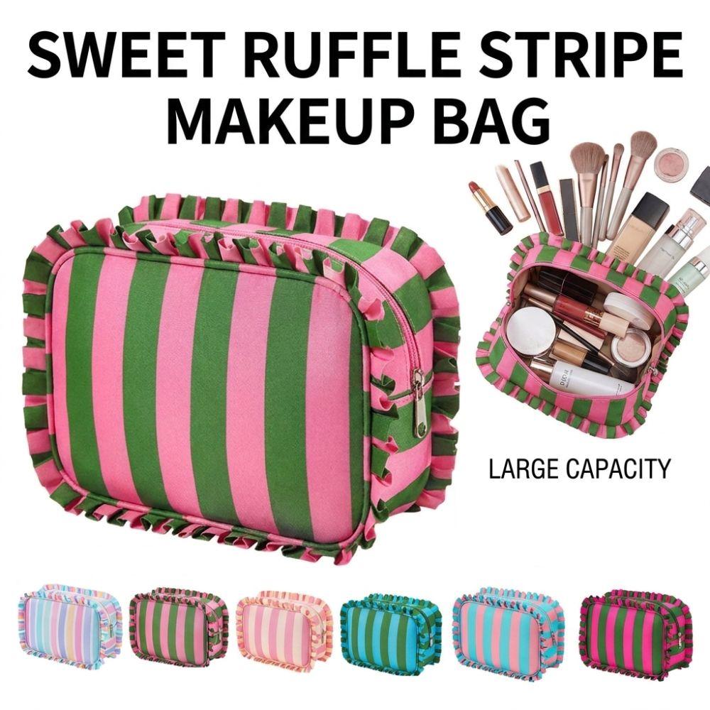 Ruffle Decoration Cosmetic Bag Striped Travel Pouch Multipurpose Makeup Organizer  Women