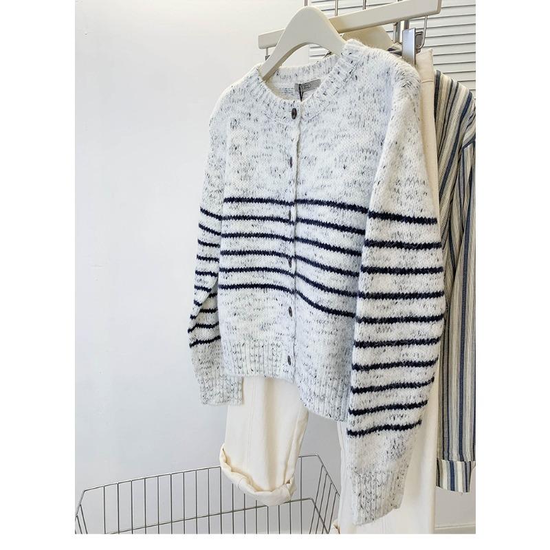 Vintage motley design striped knitted cardigan women's autumn and winter fashion casual small sweater jacket