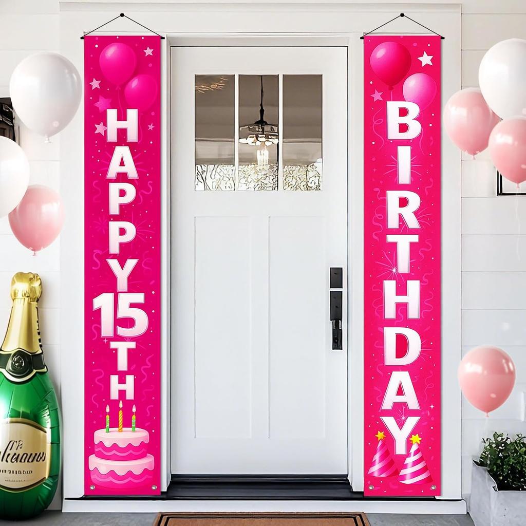 18th Birthday Door Banner 12x72 Inch Pink Gradient Backdrop with White Letters Balloon Cake Star Streamer and Graphics Happy Birthday Sign for Party