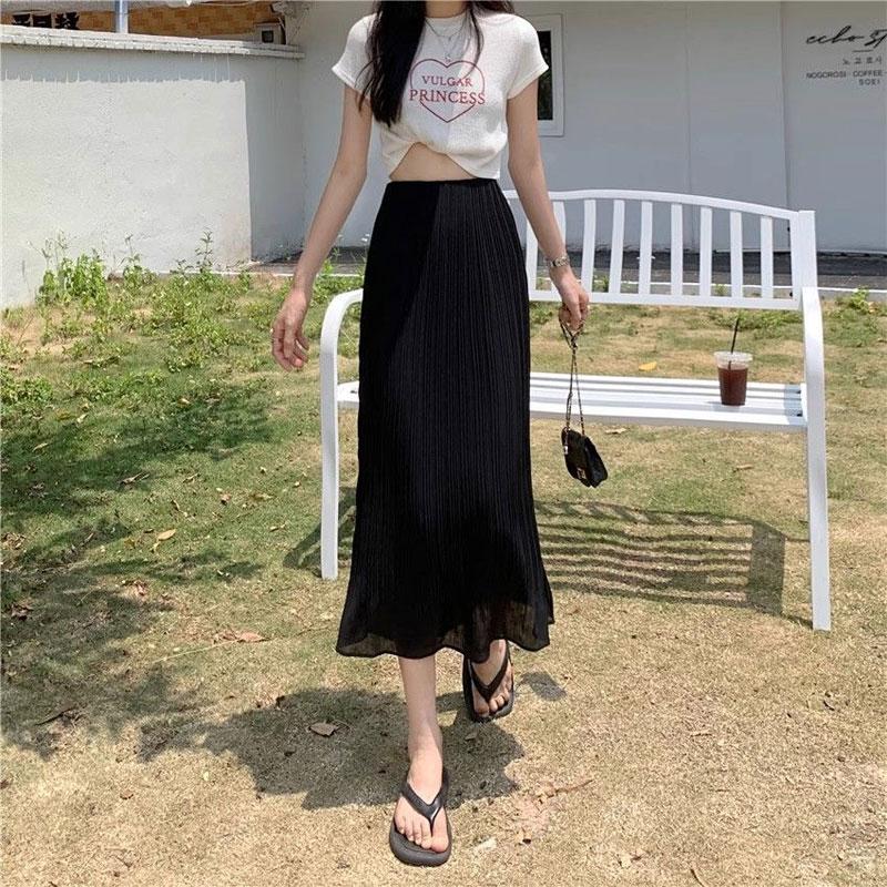 Women's Elegant Bag Hip Skirts High Waist Elastic Folds All-Match Commute Monochromatic Midi Skirts Summer Fashion
