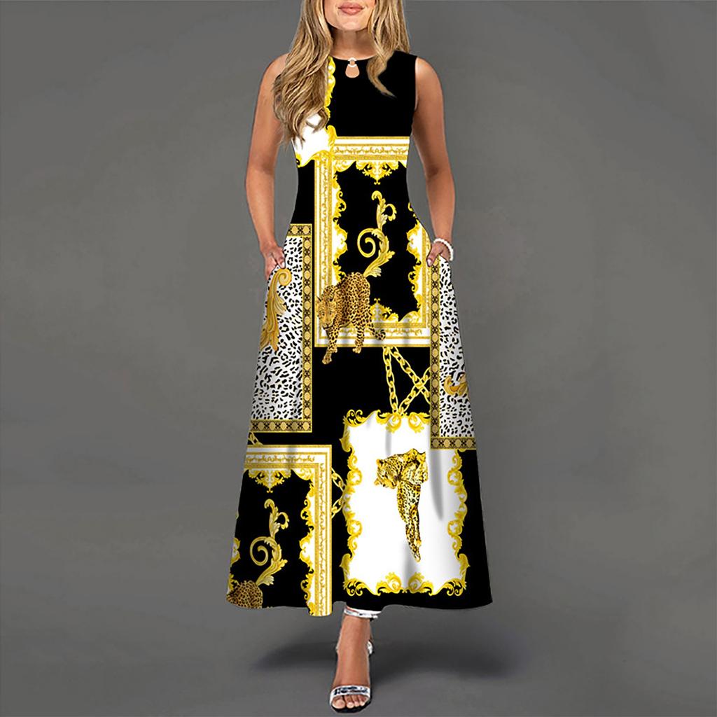 Women Sleeveless Casual Maxi Dress Round Neck Printed Loose Fit Long Dress with Flared Hem and Side Pockets for Daily Wear