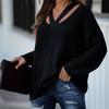 Women's Fashion Loose V-neck Long Sleeve Knit Personality Solid Color Casual Sweater