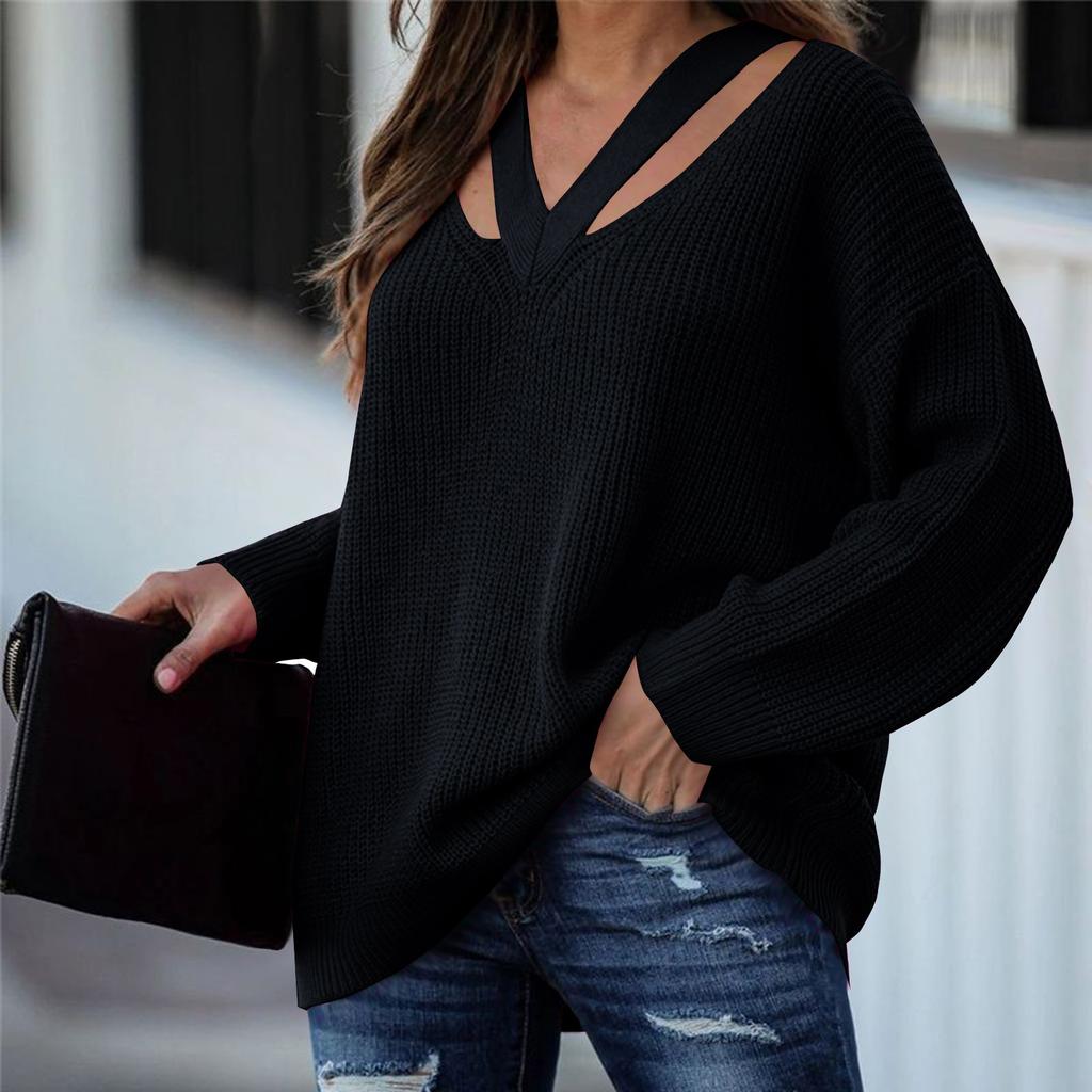 Women's Fashion Loose V-neck Long Sleeve Knit Personality Solid Color Casual Sweater