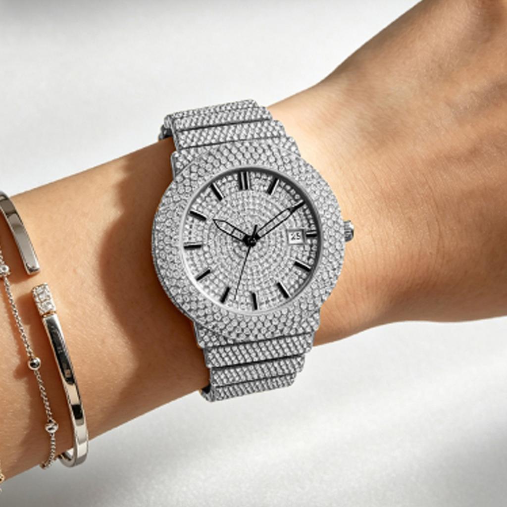 Damen Strass Uhren Hip Hop Stil Diamantbesetzte Quarz Armbanduhr Wasserdichte Schmuckuhr für Sie